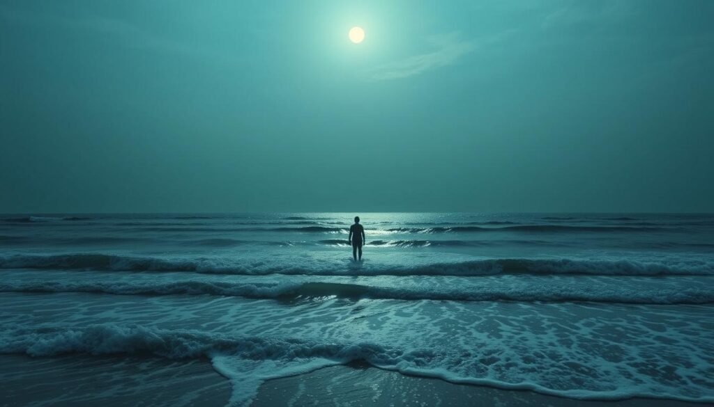 A serene, moonlit ocean stretches out in the distance, its glimmering surface reflecting the celestial light above. In the foreground, waves gently lap against the shore, their rhythm ebbing and flowing like the ebb and flow of human emotions. The sky is a soft, hazy blue, with wispy clouds drifting lazily overhead, creating a sense of tranquility and introspection. In the middle ground, a lone figure stands on the beach, gazing out at the vast, unknowable depths of the ocean, their own inner emotional states mirrored in the ever-changing tides. The scene is captured through a wide-angle lens, emphasizing the scale and grandeur of the natural world, and the profound connection between the human experience and the ebb and flow of the sea.