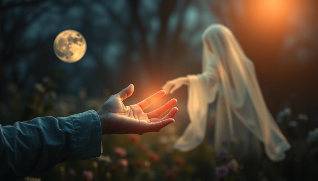 A serene, moonlit scene in a tranquil garden, with a ghostly figure of a deceased loved one reaching out a translucent hand towards the dreamer. Soft, warm lighting illuminates the ethereal encounter, casting a gentle glow on the dreamscape. The background is blurred, allowing the focus to remain on the mystical connection between the living and the departed. The composition evokes a sense of wonder, comfort, and the profound longing to reconnect with those who have passed. Realistic details and textures enhance the dreamlike quality, inviting the viewer to ponder the profound nature of this spiritual encounter.