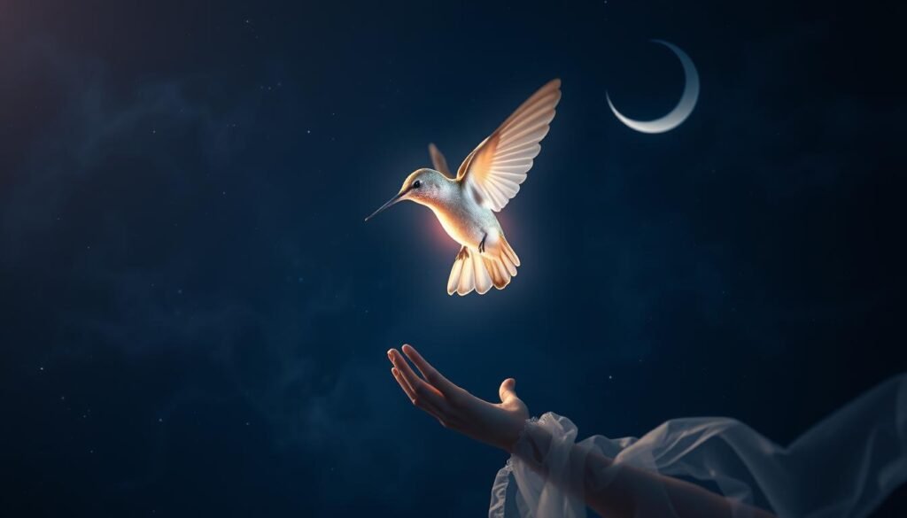 A serene night sky with a glowing, ethereal hummingbird hovering amidst shimmering stars. The hummingbird's wings are translucent, its body emanating a soft, iridescent glow. In the foreground, a ghostly, semi-transparent figure of a loved one reaches out to the hummingbird, their hands nearly touching. The background is a deep, velvety indigo, with swirling wisps of mist and a crescent moon casting a gentle, otherworldly light. The overall mood is one of profound connection, spiritual transcendence, and the feeling of a cherished presence beyond the veil.