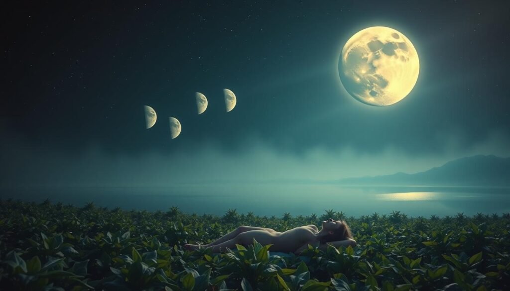 A serene nightscape featuring the ethereal glow of the moon in its various phases. In the foreground, a dreaming figure rests amid a field of lush, otherworldly flora, their subconscious mind entwined with the lunar rhythms. The middle ground showcases a tranquil lake, its surface mirroring the moon's shifting forms. In the background, a mystical, star-speckled sky frames the celestial dance, hinting at the profound connection between the lunar cycles and the realm of dreams. Soft, diffused lighting imbues the scene with an air of enchantment, inviting the viewer to contemplate the profound influence of the moon on our emotional and spiritual landscapes.