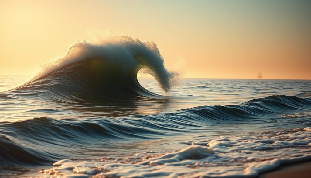 A serene ocean with gentle waves lapping against the shoreline, bathed in warm, golden sunlight. In the foreground, a surreal figure emerges from the water, its face transforming into a crashing wave, symbolizing the depths of the subconscious and the hidden emotions within. Ethereal wisps of mist swirl around the figure, creating an atmosphere of mystery and the unknown. In the background, a faint outline of a ship on the horizon, hinting at the vast, unexplored realms of the ocean's mysteries. The scene is captured through a slightly wide-angle lens, giving a sense of depth and grandeur to the dreamlike composition.