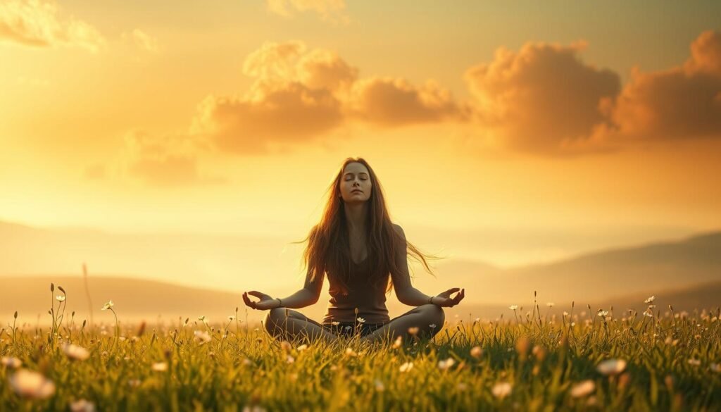 A serene, otherworldly meadow filled with flowing, ethereal energy. In the foreground, a person sits cross-legged, eyes closed, their long, lush hair cascading down their back, radiating a spiritual aura. Warm, diffused light filters through wispy clouds, casting a soft, romantic glow. In the middle ground, delicate, otherworldly flowers bloom, their petals seemingly suspended in the air. The background is a hazy, dreamlike landscape with rolling hills and a distant, glowing horizon, creating a sense of boundless possibility and connection to the divine. Overall, the image conveys a profound sense of inner growth, intuition, and the transformative power of spiritual self-discovery.