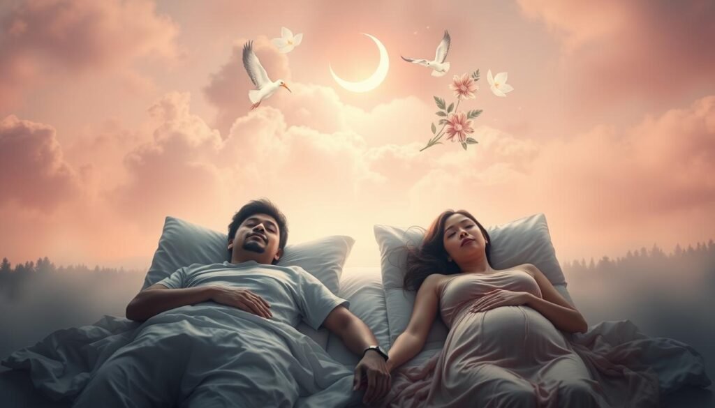 A serene, pastel-hued dream landscape, where two figures, one male and one female, sleep side by side, their hands intertwined. Above them, wispy clouds part to reveal symbols of pregnancy - a glowing crescent moon, a celestial stork, and delicate floral motifs. The lighting is soft and diffuse, casting a contemplative, atmospheric mood. In the background, a misty forest fades into the distance, hinting at the subconscious depths of the dreaming mind. The overall composition evokes the distinct ways in which gender shapes the experience and interpretation of pregnancy-related dreams.