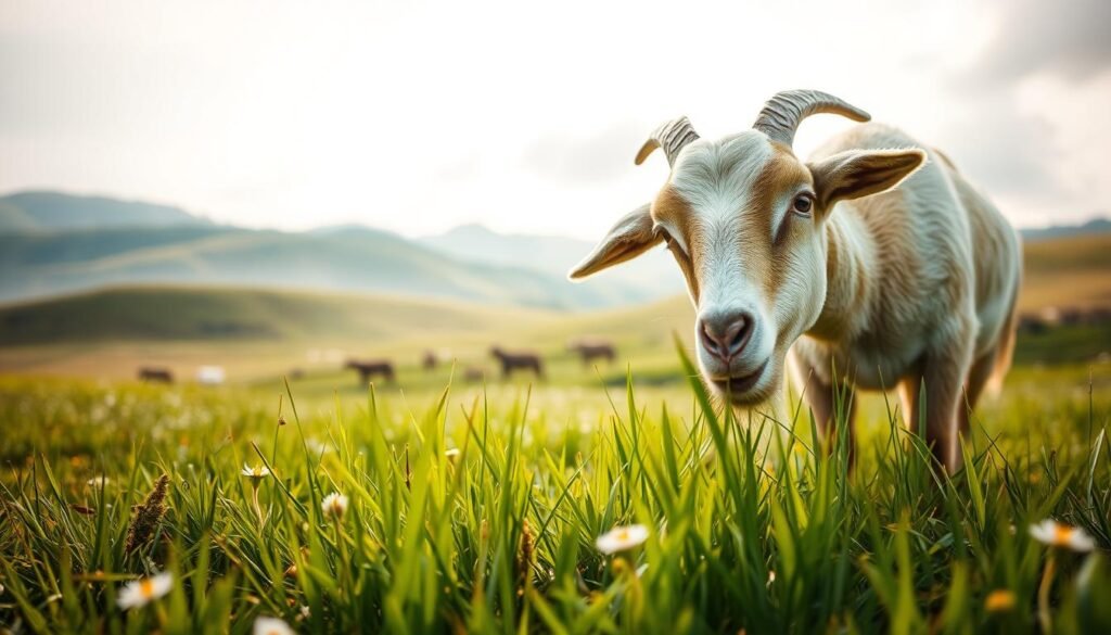 A serene pastoral scene of a goat peacefully grazing in a lush green meadow, surrounded by gentle rolling hills and a soft, diffused light. In the foreground, the goat is contentedly chewing on fresh, vibrant blades of grass, its eyes half-closed in tranquil bliss. The middle ground features a warm, earthy palette with wildflowers dotting the landscape, conveying a sense of nourishment and growth. In the background, wispy clouds drift across a pale blue sky, lending an ethereal, dreamlike quality to the scene. The overall composition and lighting imbue the image with a soothing, introspective mood, reflecting the notion of nurturing relationships and inner fulfillment.