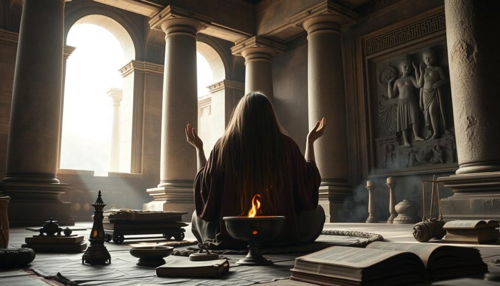 A serene ritual scene in an ancient stone temple, soft natural lighting filters through high arched windows. In the foreground, a robed figure sits cross-legged, hands raised in a meditative pose, long hair flowing with ethereal energy. Intricate ceremonial objects and weathered tomes surround them, symbols of ancient spiritual practices. In the middle ground, a flickering brazier casts a warm glow, wisps of fragrant incense swirling through the air. The background is filled with towering columns, carved bas-reliefs depicting hair-related rituals, and a sense of timeless mysticism.