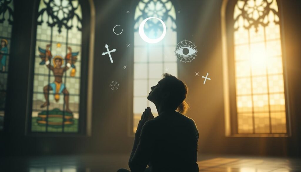 A serene sanctuary filled with soft, warm light filtering through stained glass windows. In the foreground, a figure sits in deep contemplation, hands clasped in prayer, their face illuminated by an ethereal glow. Surrounding them, floating symbols and spiritual iconography - a cross, a crescent moon, a divine eye - suggest the inner journey of dream interpretation and spiritual guidance. The background reveals a tranquil landscape, with rolling hills and a distant horizon, creating a sense of peaceful solitude and connection to the divine.