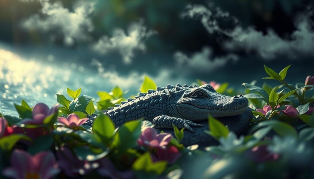 A serene scene of a newborn crocodile resting in a lush, verdant dream-like environment. The baby croc nestled among vibrant flora, its scaly skin glistening under soft, ethereal lighting. Wispy clouds drift overhead, creating an atmosphere of tranquility and new beginnings. In the background, a shimmering body of water reflects the dreamy scene. The composition evokes a sense of wonder and the promise of growth, hinting at the power and potential within this small, vulnerable creature. Rendered with a painterly aesthetic, the image conveys the symbolic significance of baby crocodile dreams - a time of transition, intuition, and the stirrings of inner strength.