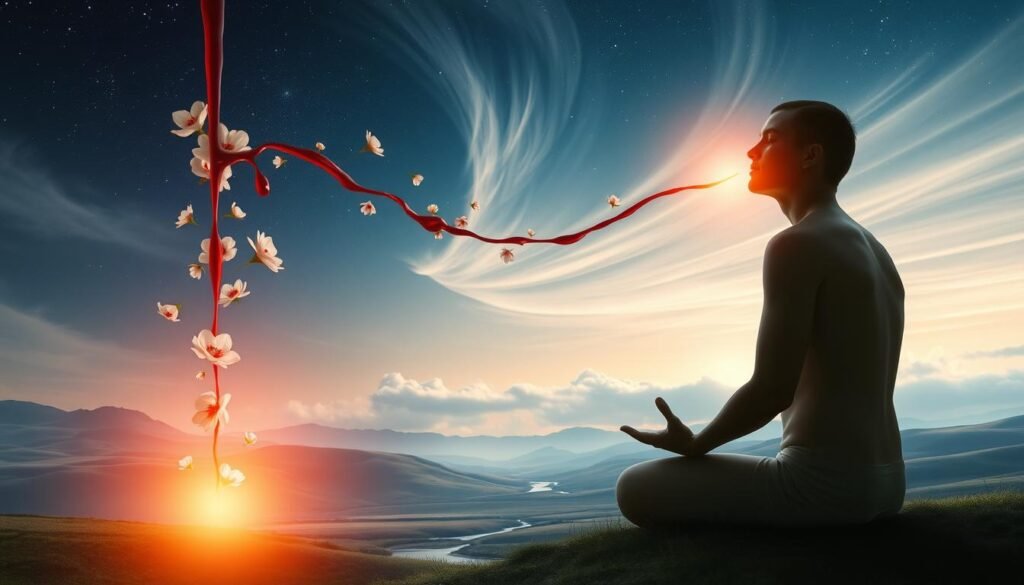 A serene scene of emotional integration and spiritual healing. In the foreground, a figure sits in a meditative pose, their body emanating a warm, glowing aura. Streams of crimson blood flow from their mouth, transforming into delicate flowers that drift upwards, symbolizing the release and transformation of painful emotions. The middle ground features a tranquil landscape, with rolling hills and a gentle stream reflecting the sky's soft hues. In the background, wispy clouds part to reveal a night sky filled with twinkling stars, creating a sense of cosmic connection. Soft, diffused lighting bathes the entire scene, imbuing it with a sense of introspection and inner peace.