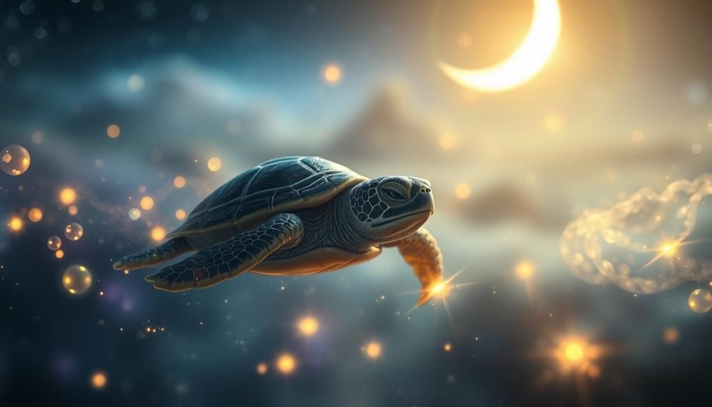 A serene, spiritual scene of a baby turtle floating in a mystic dream realm. The turtle is surrounded by glowing orbs of light, ethereal wisps, and shimmering, translucent spirits. The foreground features the baby turtle in gentle repose, its eyes closed as if in meditation. The middle ground is filled with mystical, swirling energies in shades of indigo, violet, and gold. The background depicts a starry night sky with a crescent moon, creating a sense of cosmic wonder. Soft, diffused lighting bathes the scene, imbuing it with a sense of tranquility and inner reflection. The overall atmosphere is one of profound, introspective connection to the natural world and the unseen spiritual realms.