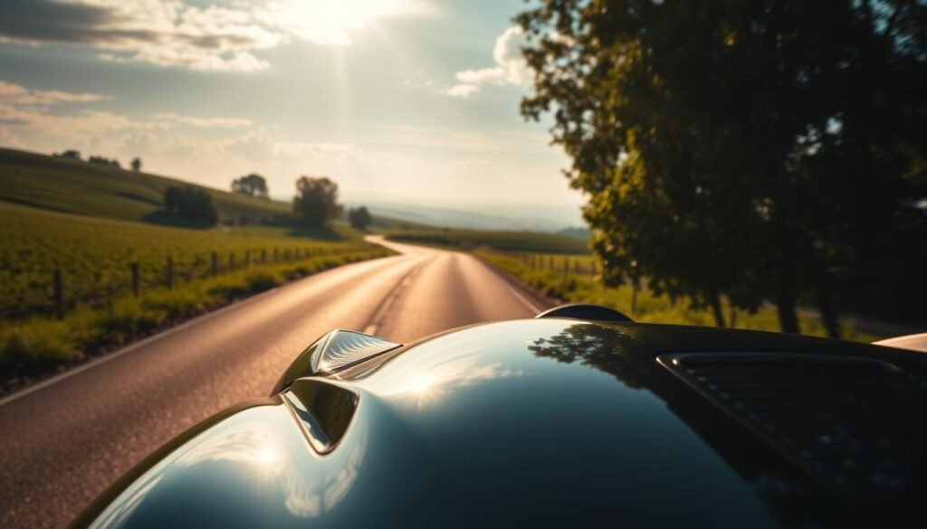 A serene, sun-dappled scene of a winding country road leading to the distant horizon. In the foreground, a gleaming luxury sports car, its sleek lines and powerful engine embodying the driver's aspiration for freedom, success, and the thrill of the open road. The middle ground features lush, verdant fields and gently rolling hills, symbolic of the journey towards one's life goals. The background showcases an ethereal, dreamlike sky, hinting at the aspirational and visionary nature of the driver's ambitions. Soft, warm lighting bathes the scene, creating an air of tranquility and possibility. Stable Diffusion, 50mm lens, f/5.6, 1/250s.