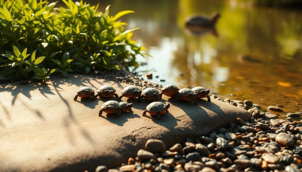 A serene, sun-dappled scene of baby turtles emerging from their shell, symbolizing new beginnings. In the foreground, a cluster of tiny turtles crawl across a smooth, pebbled riverbank, their limbs reaching out in unison as they take their first steps into the world. The middle ground features lush, verdant foliage surrounding the bank, casting gentle shadows and creating a sense of nurturing protection. In the distant background, a tranquil, reflective pond reflects the scene, creating a mirror-like effect that amplifies the feeling of harmony and new life. The lighting is soft and natural, with warm tones infusing the entire composition, evoking a sense of hope and optimism.