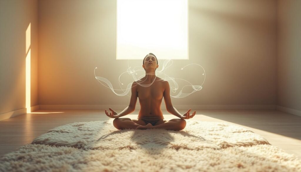 A serene, sunlit room with soft, warm lighting. In the center, a person sits cross-legged on a plush, pastel-colored rug, eyes closed in deep meditation. Wispy, ethereal wisps of energy emanate from their form, intertwining and forming a dreamlike haze around them. The background is a tranquil, abstract landscape in muted, calming tones, evoking a sense of emotional healing and inner exploration. The overall atmosphere is one of introspection, peace, and the transformative power of the subconscious mind.