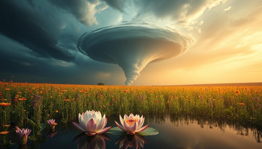 A serene tornado swirls in the center, its vortex a mesmerizing dance of light and shadow. Surrounding it, a field of vibrant wildflowers sways gently, a symbol of nature's tranquility amidst the chaos. The sky above is a breathtaking gradient, transitioning from a deep, contemplative indigo to a luminous, golden horizon, casting a warm, ethereal glow over the scene. In the foreground, a single lotus blossom floats peacefully on a still pond, its petals mirroring the tornado's spiral, reflecting the balance between order and disorder. The overall atmosphere evokes a sense of spiritual harmony, a visual meditation on the coexistence of turbulence and serenity.