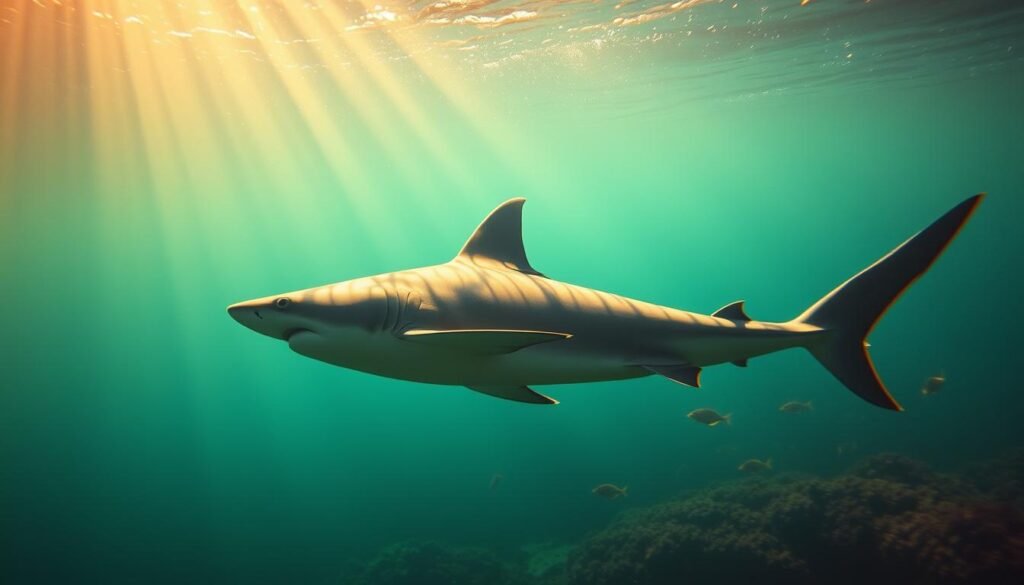 A serene underwater environment where a majestic shark swims gracefully, its movements fluid and powerful. The water is a vibrant teal, bathed in warm, golden sunlight that filters through the waves. Beams of light dance across the shark's smooth, slate-gray skin, casting captivating patterns. Schools of colorful fish dart around the shark, creating a mesmerizing sense of harmony. In the distance, a hazy, dreamlike seascape unfolds, with soft, blurred outlines of coral and kelp. The overall atmosphere is one of tranquility and introspection, inviting the viewer to ponder the symbolic significance of the shark's presence.