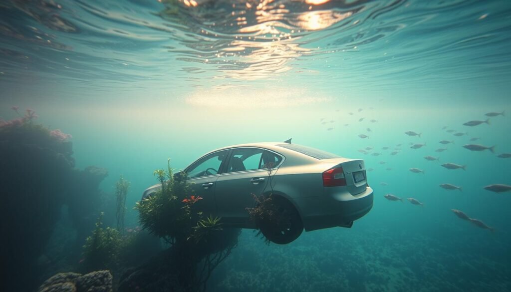A serene underwater landscape, where the depths reveal the symbolic significance of water in dreams. In the foreground, a submerged car, its metal body reflecting the shimmering light that filters through the crystal-clear water. Surrounding the vehicle, a lush, aquatic garden thrives, its vibrant flora and fauna representing the emotional and spiritual aspects of the dreamer's psyche. In the middle ground, schools of ethereal fish glide effortlessly, evoking the fluid nature of the subconscious. The background is a hazy, azure expanse, suggesting the boundless realm of the unconscious mind. Diffused lighting casts a contemplative, almost mystical atmosphere, inviting the viewer to ponder the deeper meanings conveyed by this surreal, aquatic tableau.