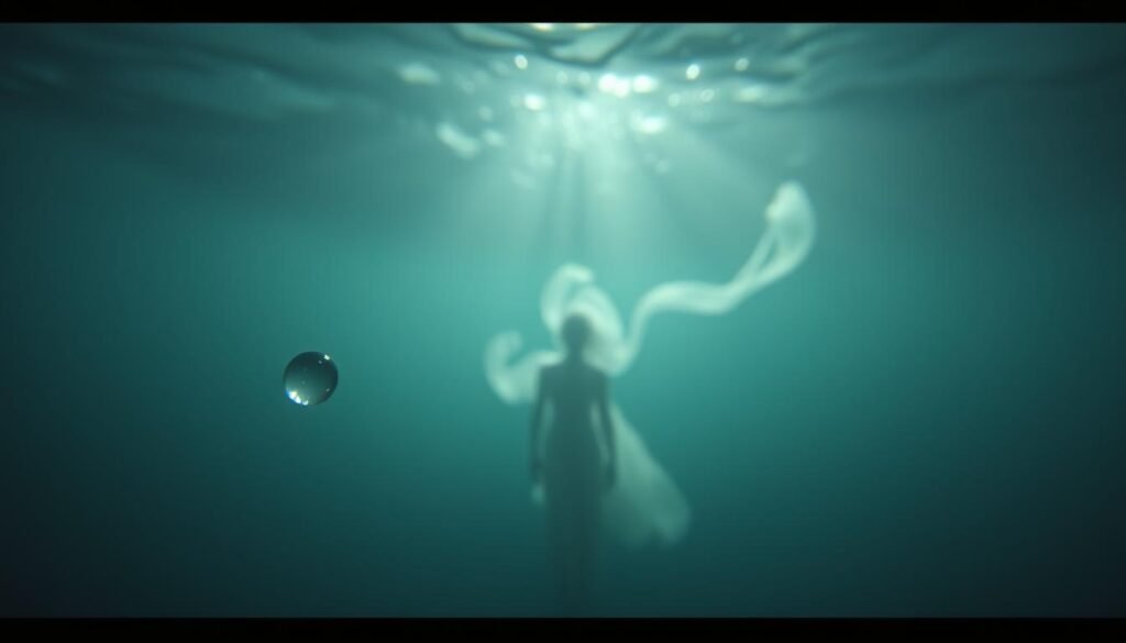 A serene underwater scene, bathed in a soft, ethereal glow. In the foreground, a single water droplet hovers, its surface reflecting the shifting play of light and shadow. The middle ground reveals a mysterious, translucent figure, its form hinting at the deeper spiritual symbolism of water. The background features a swirling, dreamlike landscape of fluid shapes and muted colors, creating a sense of peaceful contemplation. The lighting is subtle and atmospheric, casting a sense of tranquility and introspection. Captured with a wide-angle lens to convey a sense of expansiveness and wonder.