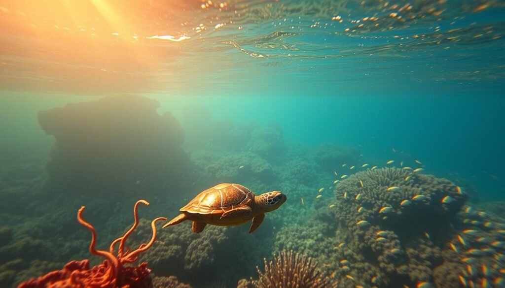 A serene underwater scene, bathed in warm, golden light filtering through the water's surface. In the foreground, a newborn turtle hatchling, its shell reflecting the shimmer of the waves, dreams peacefully, surrounded by delicate tendrils of kelp and schools of tropical fish. The middle ground reveals a lush, vibrant coral reef teeming with life, while the background fades into a tranquil blue abyss, suggesting a journey of self-discovery and personal growth. The composition is balanced, with the turtle's slumber symbolizing the potential for transformation and inner awakening. Captured with a wide-angle lens, the image conveys a sense of wonder and the beauty of the natural world.