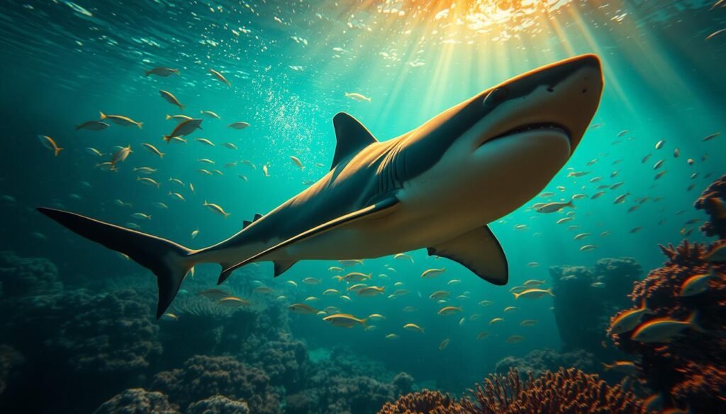 A serene underwater scene, bathed in warm, golden light filtering through the water's surface. In the foreground, a majestic shark gracefully swims, its movements fluid and powerful. The shark's eyes are calm and introspective, suggesting a sense of self-awareness and personal growth. In the middle ground, schools of tropical fish dart and weave, creating a sense of movement and vitality. The background is filled with vibrant coral reefs, kelp forests, and other marine life, hinting at the depth and complexity of the underwater world. The overall mood is one of tranquility, wonder, and the potential for personal transformation, as suggested by the shark's pensive expression.