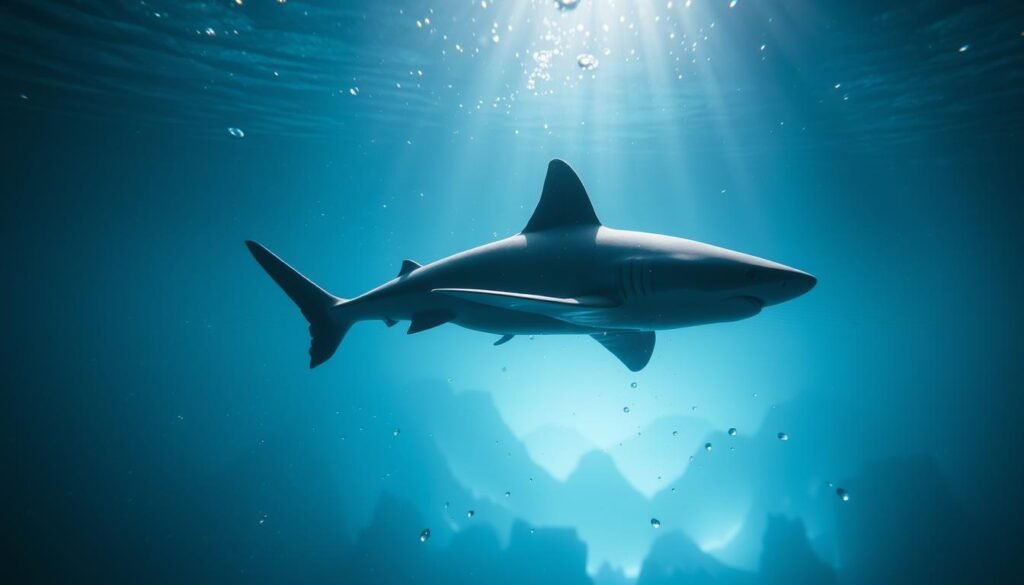 A serene underwater scene, illuminated by a soft, ethereal glow. In the foreground, a majestic shark glides effortlessly through the calm, crystalline waters, its sleek form embodying the power and mysticism of the ocean. Surrounding the shark, intricate patterns of water molecules dance and swirl, each droplet reflecting the light in a mesmerizing display. In the background, a dreamlike landscape emerges, with subtly shifting hues and blurred edges, hinting at the subconscious realms of the human psyche. The overall atmosphere is one of introspection and spiritual connection, inviting the viewer to explore the symbolic significance of the shark and the transformative properties of water.