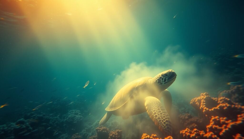 A serene underwater scene with a dreaming sea turtle resting on the ocean floor, surrounded by swirling schools of small fish and softly glowing coral reefs. The turtle's eyes are closed, its body shrouded in a hazy, ethereal glow, as if it is immersed in a profound state of contemplation. Shafts of warm, golden light filter down from the surface, creating a sense of tranquility and spiritual connection. The overall atmosphere evokes a sense of the sea turtle's deep, intuitive connection to the rhythms and mysteries of the ocean, as well as the potential for personal transformation and enlightenment.