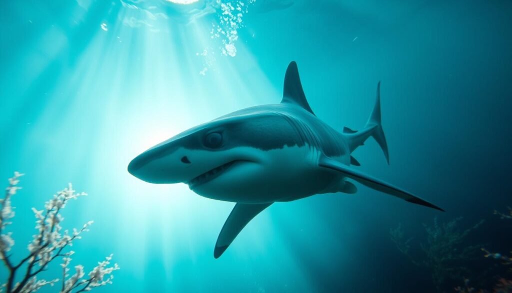 A serene underwater scene with a majestic shark swimming gracefully, its dorsal fin cutting through the turquoise waters. Beams of light filter down from the surface, creating a dreamlike atmosphere. The shark's eyes hold a penetrating gaze, symbolic of hidden knowledge and intuition. In the background, ethereal wisps of kelp and coral sway gently, hinting at the subconscious realm. The overall composition evokes a sense of introspection and the exploration of the self's deeper currents. Captured with a wide-angle lens and soft, natural lighting to emphasize the shark's powerful yet tranquil presence.