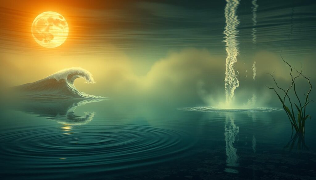 A serene underwater scene, with various symbolic water dream interpretations depicted. In the foreground, a tranquil pond reflects the mystical moon above, its surface rippling with the ebb and flow of emotional tides. Mirrored in the water, ancient dream symbols emerge - a cresting wave, a tranquil river, and a cascading waterfall, each representing different aspects of the dreamer's subconscious. In the middle ground, wispy tendrils of kelp sway gently, hinting at the depths of the subconscious. The background is shrouded in a soft, ethereal mist, creating an atmosphere of introspection and self-discovery. Warm, golden lighting filters through the water, casting a dreamlike glow over the entire scene. The overall mood is one of contemplation and inner exploration, inviting the viewer to interpret the symbolic meaning of the water elements.