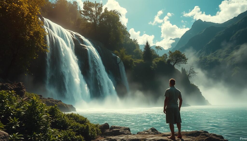 A serene waterfall cascades amidst lush, verdant foliage in a dreamlike landscape. The water appears to flow effortlessly, sparkling in the soft, warm light. In the foreground, a figure stands tranquilly, gazing upon the scene as if in a meditative trance. The middle ground features a misty, ethereal quality, adding to the sense of otherworldliness. In the background, majestic mountains rise, their peaks shrouded in wispy clouds. The overall mood is one of peace, introspection, and a connection to the natural world. The image is captured with a wide-angle lens, allowing the viewer to fully immerse themselves in this captivating, interpretive waterfall dream scenario.