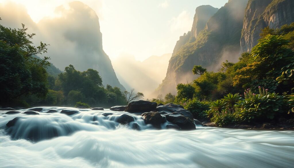 A serene waterfall cascades through a lush, dreamlike landscape. The foreground features the rushing water, its flow captured in a soft, ethereal blur. The middle ground showcases verdant foliage, with vibrant greens and delicate flowers adorning the banks. In the background, towering mountains rise majestically, their peaks shrouded in a hazy, mystical mist. The scene is illuminated by a warm, golden light, creating a sense of tranquility and introspection. The overall atmosphere evokes a sense of inner exploration and the personal significance that a waterfall dream may hold.