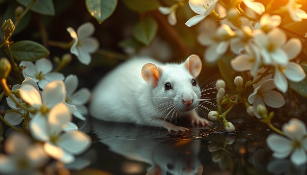 A serene white rat nestled among delicate vines, its eyes reflecting the intricate symbolism of personal relationships. The rat sits in a shallow pool of clear water, surrounded by blooming white flowers that symbolize purity and trust. Warm, diffused lighting filters through the lush, verdant foliage, creating a contemplative, dreamlike atmosphere. The composition captures the rat's tranquil gaze, inviting the viewer to ponder the hidden meanings behind its presence - is it a guide, a betrayal, or a promise of renewal? Captured with a shallow depth of field, the image focuses the eye on the rat's pensive expression, allowing the viewer to explore the deeper layers of this symbolic vision.