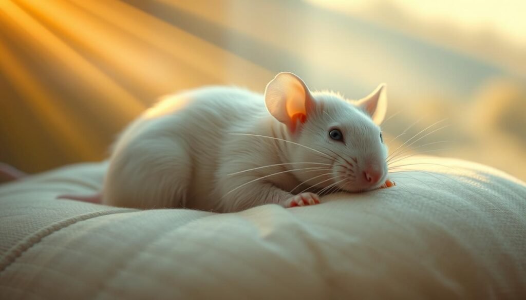 A serene white rat nestled on a soft pillow, its whiskers twitching as it dreams. Delicate rays of warm, golden light bathe the scene, creating a contemplative atmosphere. The rat's paws twitch subtly, hinting at the mysteries of its subconscious journey. In the background, a hazy, ethereal landscape unfolds, suggesting a realm of introspection and self-discovery. The camera angle is slightly elevated, allowing the viewer to peer into the rat's inner world with a sense of quiet understanding. The overall composition evokes a sense of purity, guidance, and the complexities of the human psyche that can be illuminated through the study of animal behavior and dreams.