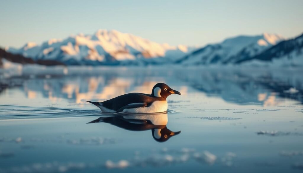 A serene winter landscape, as a penguin glides gracefully across a frozen lake, its reflection mirroring its tranquil movements. In the distance, mountains rise, their snow-capped peaks bathed in a soft, golden light. The penguin appears contemplative, its gaze focused inward, symbolizing the introspective nature of a life transition. The scene is infused with a sense of quiet contemplation, inviting the viewer to ponder the penguin's journey and the transformative power of change.