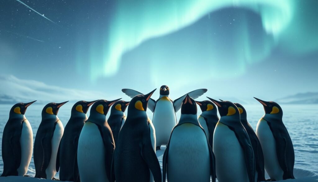 A serene winter landscape, with a gentle snowfall casting a soft glow. In the foreground, a group of penguins stand in a protective circle, their beaks pointed outward, creating a shield of vigilance. The penguins' eyes are closed, signifying a meditative state, as if they are channeling the power of the elements to safeguard their community. In the middle ground, a single penguin stands slightly apart, its wings outstretched, its stance radiating a sense of spiritual guidance and intuition. The background is a dreamlike, ethereal scene, with Aurora Borealis dancing across the sky, casting an otherworldly light that seems to imbue the penguins with a profound sense of purpose and protection.