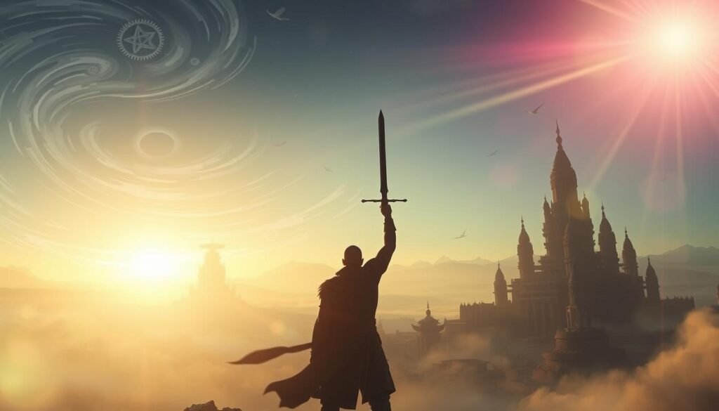 A serene yet powerful dreamscape, illuminated by a ethereal glow. In the foreground, a warrior figure stands with sword raised, their face a mask of fierce determination. Swirling energy fields and abstract geometric patterns surround them, hinting at the spiritual forces at play. The middle ground features towering, otherworldly structures, their architecture blending elements of Eastern and Western mysticism. In the distance, a luminous horizon radiates with a divine light, casting a warm, hopeful atmosphere over the scene. Subtle lens flares and muted colors evoke a sense of transcendent, visionary experience. The overall mood is one of inner struggle, transformation, and the triumph of the spiritual self.