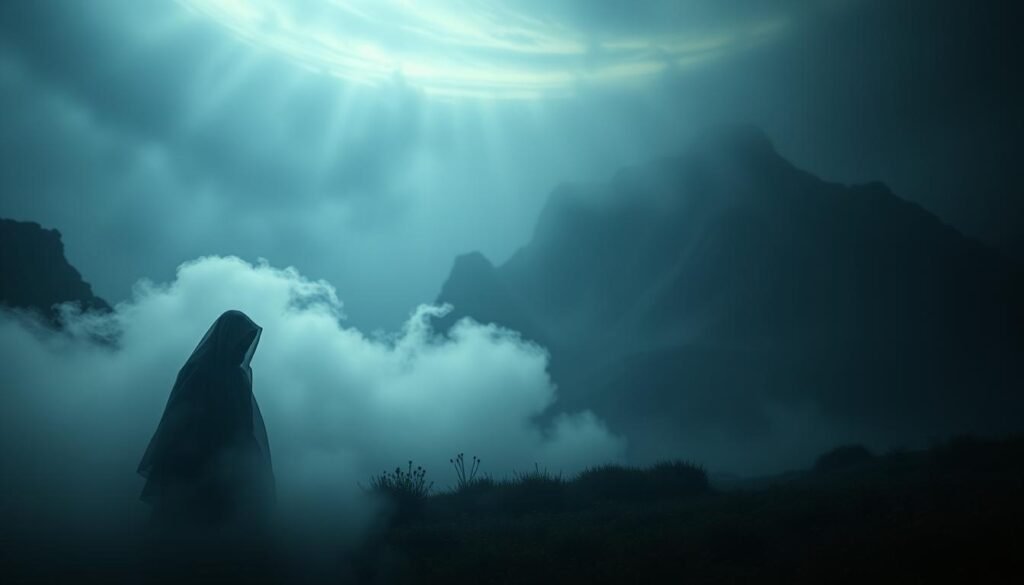 A shadowy, dreamlike landscape where the symbolic representation of hiding bodies in dreams unfolds. In the foreground, a figure cloaked in mist conceals a dark secret, their movements shrouded in a haze of uncertainty. The middle ground reveals a surreal, twisting landscape, with distorted forms and hidden paths that lead to the unknown. In the background, a dimly lit, ethereal sky casts an eerie glow, hinting at the hidden aspects of the subconscious. Soft, chiaroscuro lighting illuminates the scene, creating a sense of mystery and unease. The overall atmosphere evokes the unsettling and symbolic nature of this dream symbolism.
