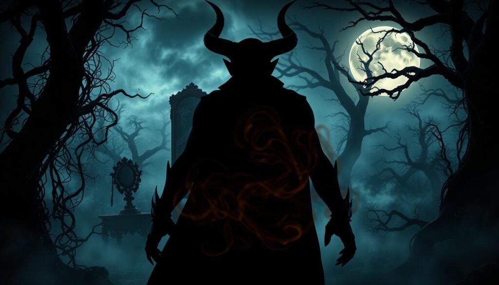 A shadowy figure, the embodiment of the devil, stands in the foreground, horns and claws prominent. In the middle ground, symbolism abounds - tangled vines, a broken mirror, and a swirling tempest of ethereal energy. The background reveals a dreamscape of twisted, gnarled trees, a full moon casting an eerie glow. Dramatic chiaroscuro lighting creates a sense of mystery and foreboding. The overall atmosphere is one of psychological depth, the devil as a metaphor for the subconscious, our darkest impulses. Cinematic in style, the image invites the viewer to explore the complexities of dream symbolism and spiritual warfare within.