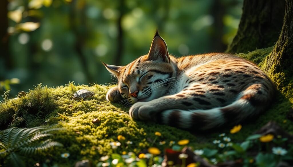 A sleeping bobcat nestled in a mossy forest glade, illuminated by soft, diffused sunlight filtering through the canopy above. The feline's features are relaxed, its paws tucked beneath its body, as it dreams of its natural instincts - hunting, prowling, and exploring the wild landscape. The background is a peaceful, verdant scene, with ferns and wildflowers dotting the forest floor, conveying a sense of harmony and tranquility. The overall mood is one of serenity and the wild essence of the bobcat's independent spirit.