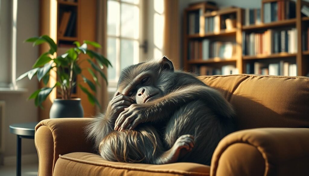 A sleeping monkey curled up on a cozy armchair, soft daylight filtering through the living room windows. The simian's expression is serene, lost in dreams. In the background, bookshelves line the walls, casting warm shadows. A potted plant rests on a side table, leaves gently swaying. The scene conveys a sense of domestic tranquility, as if the monkey has found a peaceful refuge within this human home setting.