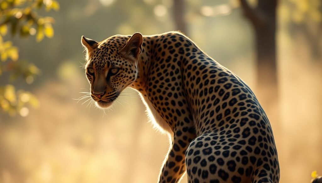 A soft, feminine cheetah-like feline with a graceful, fluid movement. The leopard's spotted coat glimmers in a warm, golden light, complementing her powerful yet elegant physique. She is posed in a pensive, introspective stance, her eyes conveying an alluring, mysterious energy. The background is a serene, ethereal forest landscape, with soft, hazy light filtering through the dappled foliage. The overall mood is one of profound, captivating femininity, connecting the viewer to the inherent power and mystique of the natural world.