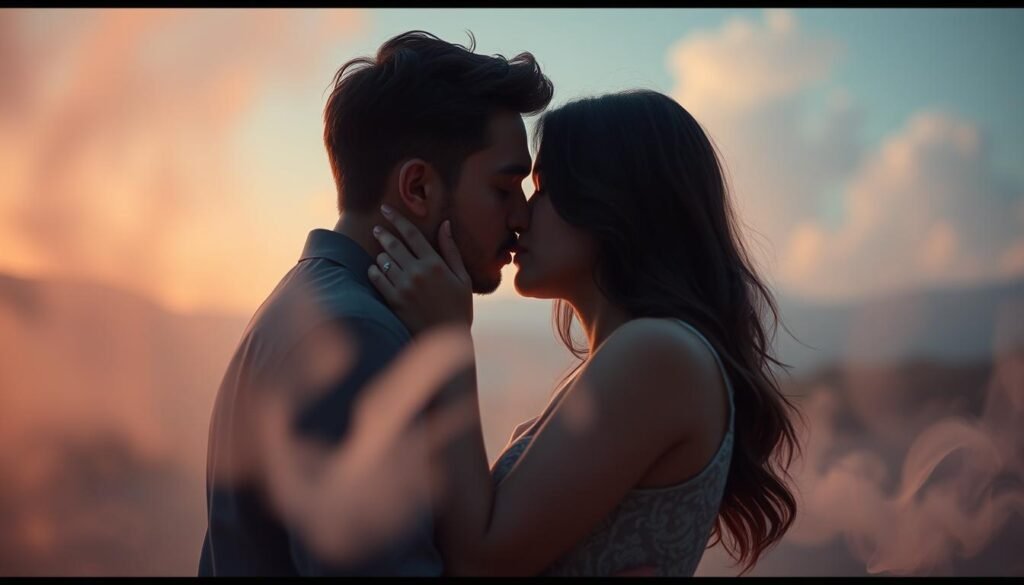 A softly-lit dream sequence featuring a couple locked in a tender, intimate kiss. The lovers embrace in the foreground, their facial features and expressions conveying a deep, soulful connection. The middle ground features a romantic, misty atmosphere with swirling ethereal elements, hinting at the subconscious nature of the scene. In the background, a blurred, dreamlike landscape with subtle hints of natural imagery - perhaps a starry night sky or a tranquil garden. The overall mood is one of profound emotional resonance, capturing the insights a partner kiss can offer into the state of a relationship.