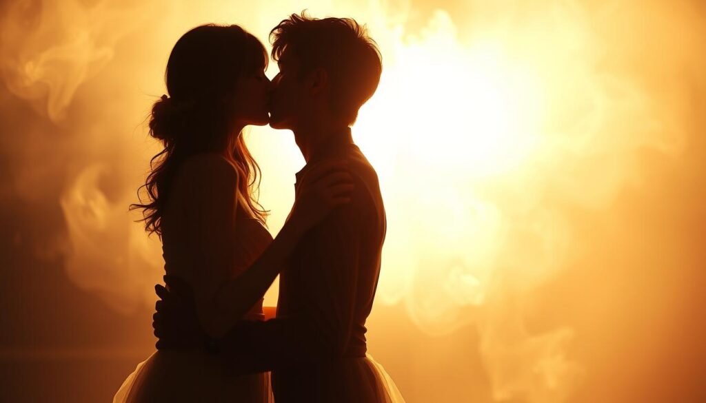 A softly-lit, dreamlike scene of two ethereal figures locked in a passionate lip kiss, their forms intertwined against a hazy, ethereal backdrop. Delicate tendrils of mist swirl around them, creating an atmosphere of intimacy and emotional connection. The lighting is warm and diffused, casting a romantic glow on the lovers' embracing silhouettes. The scene evokes a sense of deep longing, tenderness, and the powerful, intimate symbolism of a kiss on the lips.