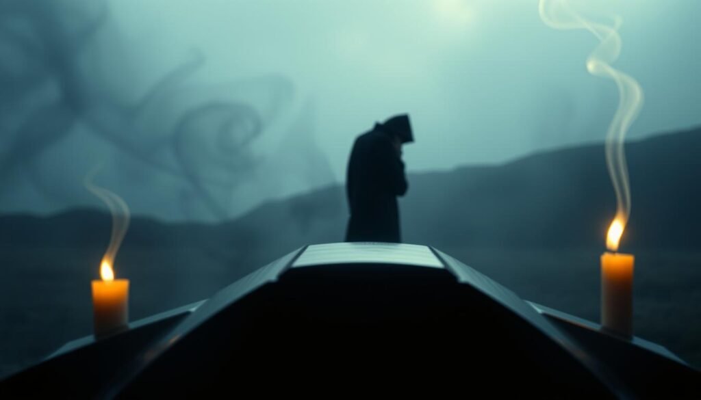 A solemn, introspective scene unfolds. In the foreground, a casket stands, its surface polished to a gentle sheen, reflecting the flickering candlelight that casts a warm, somber glow. Wisps of ethereal smoke curl and dissipate, evoking a sense of the ephemeral. In the middle ground, a figure stands, head bowed, lost in contemplation, their body language conveying a profound sense of transformation and growth. The background fades into a hazy, dreamlike landscape, where the boundaries between life and death blur, suggesting the transformative power of grief and the promise of rebirth.