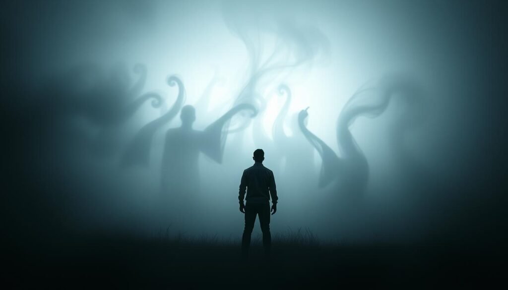 A somber and introspective scene unfolds. In the foreground, a lone figure stands amidst a swirling mist, their silhouette cast against a glowing, ethereal backdrop. The figure's pose suggests a moment of deep contemplation, their gaze turned inward as they navigate the transition from one stage of life to the next. In the middle ground, ghostly apparitions emerge, representing the emotional weight and symbolism of a funeral dream. The background is a dreamscape of charged energy, with tendrils of light and shadow intertwining to create an atmosphere of transformation and change. Soft, muted tones and a cinematic, 35mm film-like quality lend an air of melancholy and introspection to the scene. The overall impression is one of a profound inner journey, a visual metaphor for the profound life transitions that funeral dreams can signify.