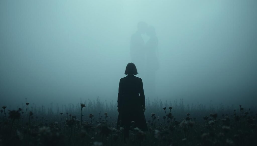 A somber, atmospheric scene depicting the symbolism of funeral dreams and their connection to personal relationships. In the foreground, a grieving figure stands amidst a field of wilting flowers, their silhouette cast in a soft, muted light. In the middle ground, ghostly silhouettes of loved ones emerge, their forms intertwined, hinting at the emotional bonds that linger even after death. The background is shrouded in a hazy, dreamlike mist, evoking the ephemeral nature of life and the blurred lines between the physical and the spiritual. The overall composition conveys a sense of contemplation, loss, and the intricate ways in which our relationships shape our inner landscapes, even in the face of mortality.