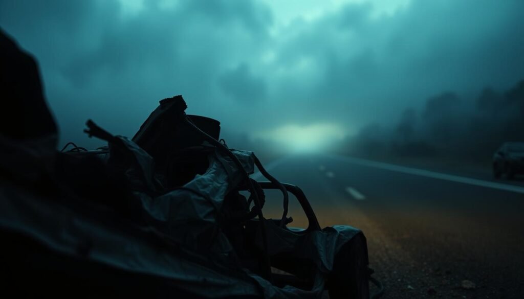A somber, dreamlike scene of a car crash unfolding. In the foreground, the twisted wreckage of a vehicle, its metal crumpled like paper, streaks of red paint the only signs of life. The middle ground is shrouded in a hazy, twilight-like glow, casting an eerie, unsettling mood. In the background, a blurred, indistinct landscape fades into the distance, as if the very world itself is coming unraveled. The lighting is dramatic, with deep shadows and highlights that create a sense of unease and disorientation. The camera angle is low, pulling the viewer into the scene, making them feel trapped within the nightmare. This is a vision of loss of control, of the fragility of life, and the powerful, subconscious messages that our dreams can convey.