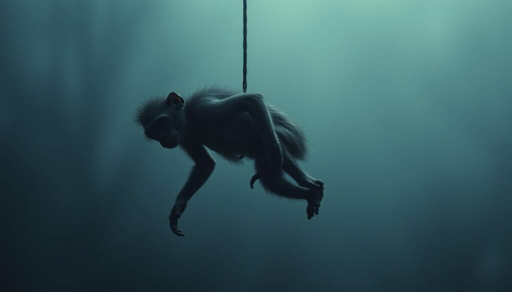 A somber, dreamlike scene of a lifeless monkey suspended in a hazy, ethereal space. Muted, subdued lighting casts a melancholic glow, accentuating the monkey's withered form. The creature's eyes are closed, its limbs limp, conveying a sense of profound stillness and finality. The background is blurred and indistinct, creating a sense of isolation and detachment, as if the monkey's spirit has already departed this plane of existence. Subtle chromatic aberration along the edges adds to the dreamlike, surreal quality of the image, evoking the subconscious nature of the subject matter.