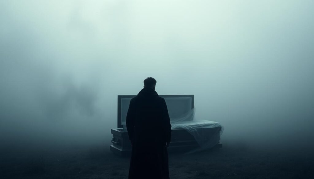 A somber, ethereal scene unfolds before the viewer. In the foreground, a shadowy figure representing the living person stands beside an open casket, their gaze pensive and introspective. The casket is draped in a sheer veil, symbolizing the blurred line between life and death. Surrounding the central figures, a hazy, muted landscape emerges, with wispy tendrils of mist curling through the air, creating an atmosphere of uncertainty and the unknown. Soft, diffused lighting casts a melancholic glow, emphasizing the weighted emotions associated with the dream of a living person's funeral. The overall composition evokes a sense of contemplation, the symbolic meaning of this dream-like scenario inviting the viewer to explore the deeper, subconscious implications.