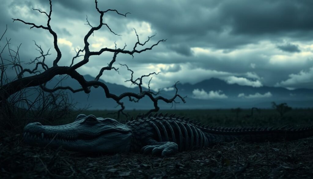 A somber, haunting dreamscape. Foreground: A motionless, skeletal crocodile carcass lying amidst withered vegetation, its glazed eyes staring lifelessly. Muted, dusky lighting casts deep shadows, evoking a sense of mortality and the transience of life. Middle ground: Twisted, gnarled tree branches reach up towards a turbulent, stormy sky, their silhouettes adding an ominous, foreboding atmosphere. Background: Distant, jagged mountains loom on the horizon, their peaks shrouded in thick, ominous clouds. An unsettling sense of unease and the unknown permeates the scene, reflecting the symbolic meaning of a dead crocodile in a dream.