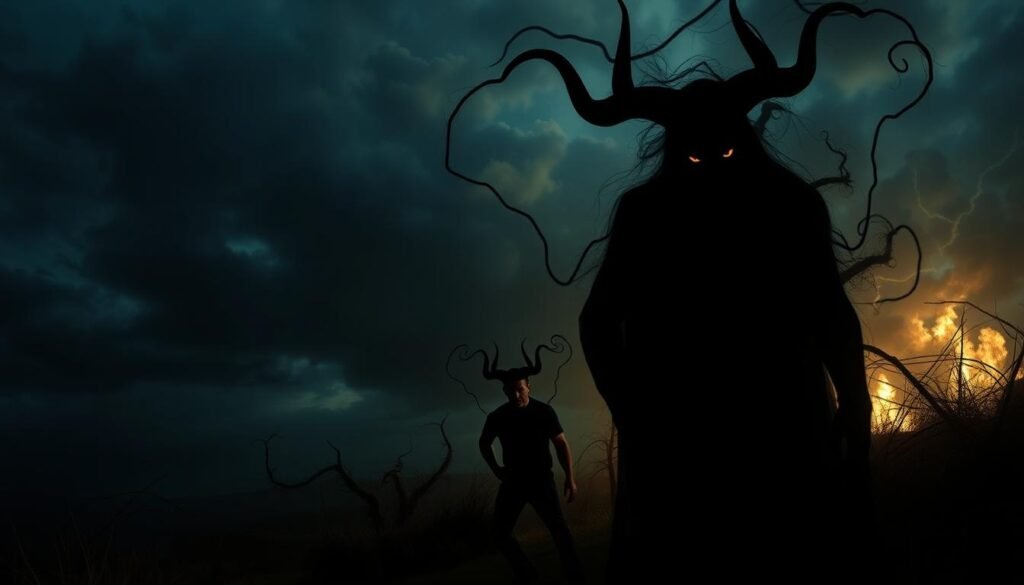 A somber night sky looms over a surreal, dreamlike landscape. In the foreground, a shadowy figure emerges, horns protruding from its head, eyes aglow with an otherworldly intensity. Tendrils of dark energy swirl around the entity, hinting at its preternatural power. In the middle ground, a troubled individual wrestles with their own inner demons, caught in a web of personal conflicts and spiritual turmoil. The background depicts a twisted, distorted reality, reflecting the turmoil within the dreamer's psyche. Dramatic chiaroscuro lighting casts dramatic shadows, heightening the sense of unease and the struggle between light and dark. This unsettling scene captures the essence of the connection between devil dreams and personal struggles.