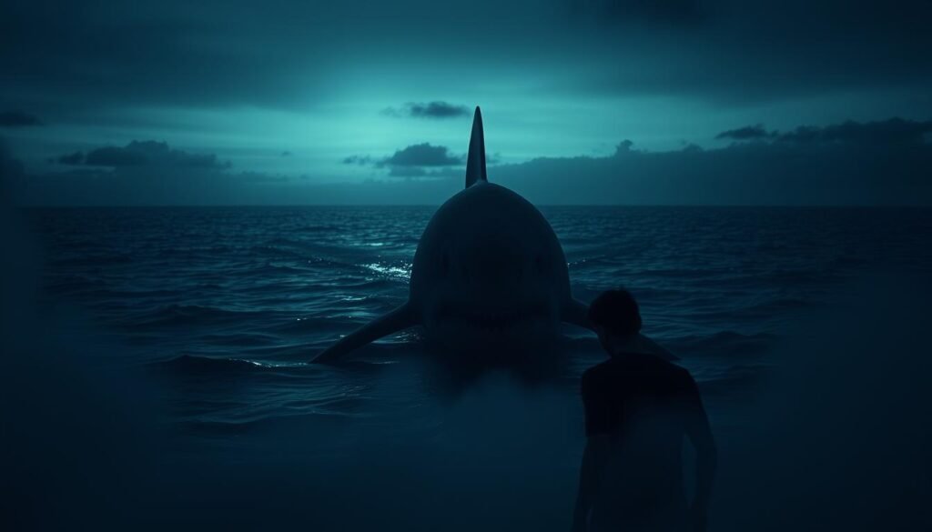 A somber seascape at twilight, the silhouette of a solitary shark cutting through the dark, foreboding waters. Shards of light pierce the inky depths, casting an eerie glow upon the ominous figure. The shark's cold, unblinking eyes convey a sense of primal power and unyielding determination, evoking a visceral emotional response. In the foreground, a human figure, rendered in muted tones, appears lost in contemplation, consumed by the weight of the shark's presence and the profound implications of the dream. The composition is framed by swirling tendrils of mist, adding to the atmosphere of mystery and unease. The overall scene is imbued with a haunting, melancholic tone, reflecting the profound emotional impact of the shark dream.