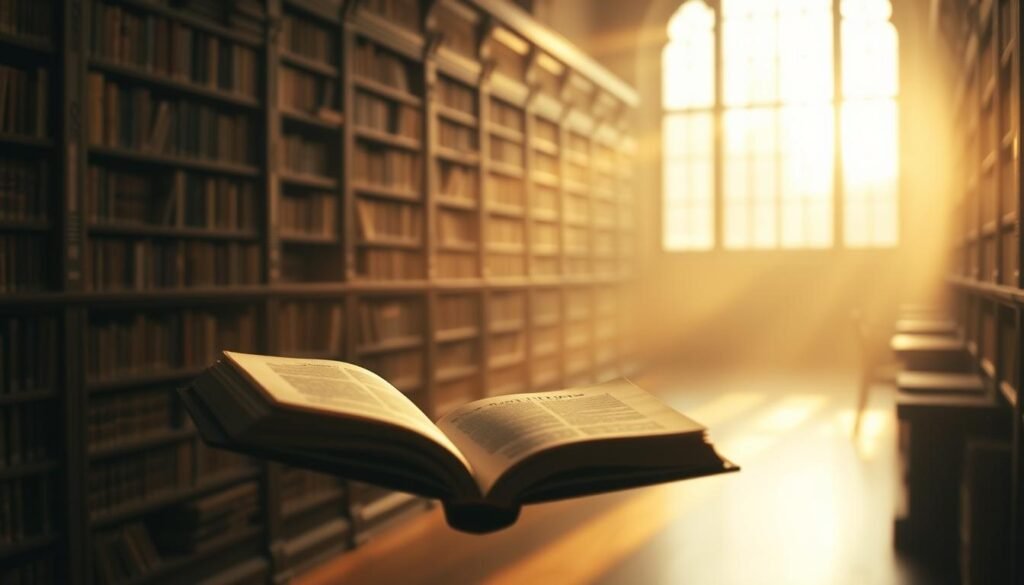 A spacious library interior with an ethereal, dreamlike quality. In the foreground, an open book floats in mid-air, its pages shimmering with a faint glow. The shelves in the middle ground recede into a warm, hazy light, suggesting the passage of time. Behind them, a large window floods the room with a soft, golden glow, blurring the boundaries between the physical space and a transcendent realm. The atmosphere is one of contemplation and the exploration of hidden truths, as if the forgotten books are revealing their secrets through the manipulation of time and perception.